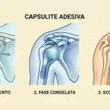 Illustrazione delle tre fasi della capsulite adesiva: congelamento, fase congelata e scongelamento. I sintomi della spalla congelata peggiorano in queste fasi.