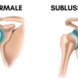 Spalla normale vs. sublussazione: quando il dolore spalla sinistra quando preoccuparsi? Illustrazione anatomica.