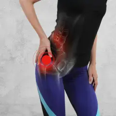 Donna con dolore all'anca, evidenziato da cerchi rossi. Scopri come alleviare il dolore all'anca con esercizi mirati.