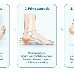 Il dolore al tallone peggiora al mattino, un classico della fascite plantare che non passa. L'immagine mostra come la fascia plantare si irrigidisce durante il riposo e si infiamma al primo passo.