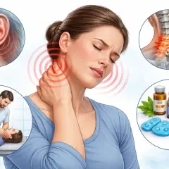 Dolore al collo e all'orecchio, possibili cause cervicale. Illustrazione di trattamenti e rimedi.