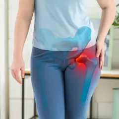 Donna con scheletro dell'anca evidenziato in rosso, indicando dolore anche dopo camminata.