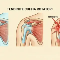 Illustrazione della cuffia dei rotatori: da sana a tendinite, con evidenziato un tendine sovraspinato rotto e infiammato.