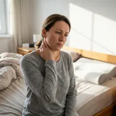 Donna seduta sul letto con mano sul collo, soffre di dolore al collo dopo aver dormito.