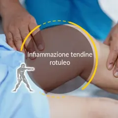 Esame del ginocchio con focus sull'infiammazione del tendine rotuleo. Un medico palpa la zona.