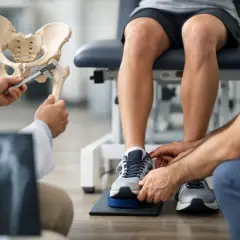 Valutazione medica per dismetria arti inferiori: un ortopedico mostra un modello del bacino, mentre un fisioterapista esamina le gambe di un paziente.
