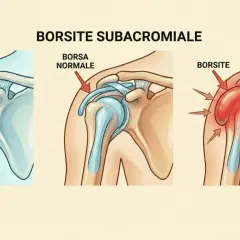 Illustrazione anatomica della spalla: spalla sana, spalla con borsa normale e spalla con borsite subacromiale, che causa dolore al tendine del bicipite.