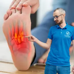 Uomo indica dolore al piede, evidenziato con calore. Terapia con onde d'urto per il piede.