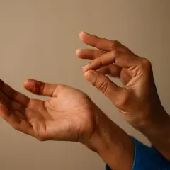 Mani con tatuaggio all'henné mostrano un gesto di dolore al polso e alla mano, come se cercassero sollievo.
