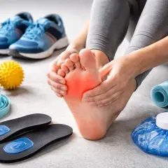 Piede con dolore alla tallonite, circondato da attrezzature sportive e rimedi veloci: palline massaggianti, fasce elastiche, solette e ghiaccio.