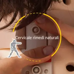 Un collare cervicale e un'icona stilizzata di una persona suggeriscono soluzioni per la cervicobrachialgia, rimedi naturali per il benessere.