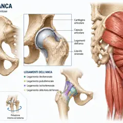 Anatomia dell'anca: ossa, legamenti e muscoli, inclusi i muscoli dell'anca come il grande gluteo e l'ileopsoas, essenziali per il movimento.