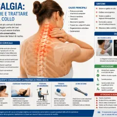 Dolori al collo cause: postura scorretta, stress, traumi. Immagine illustra anatomia, sintomi, diagnosi e trattamenti per la cervicalgia.
