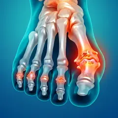 Illustrazione anatomica del piede che mostra le articolazioni infiammate, evidenziando i sintomi dell'artrosi piede.