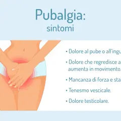 Illustrazione di un'area pubica e inguinale con un'evidente zona rossa che indica un **inguine infiammato**. Elenca i sintomi della pubalgia.