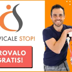 Uomo sorridente con scheletro anatomico, logo "Cervicale Stop!" e pulsante "Provalo Gratis!". Aiuta chi soffre di cervicale e gambe deboli.
