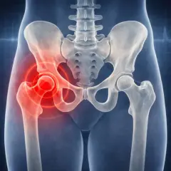 Illustrazione anatomica del bacino con evidenziata la **coxalgia cos'è**: dolore all'anca, indicato da un alone rosso.