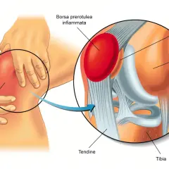 Ingrandimento di un ginocchio con gonfiore e infiammazione. La borsite al ginocchio è evidenziata, mostrando la borsa prerotulea infiammata.