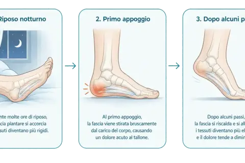 Il dolore al tallone peggiora al mattino, un classico della fascite plantare che non passa. L'immagine mostra come la fascia plantare si irrigidisce durante il riposo e si infiamma al primo passo.