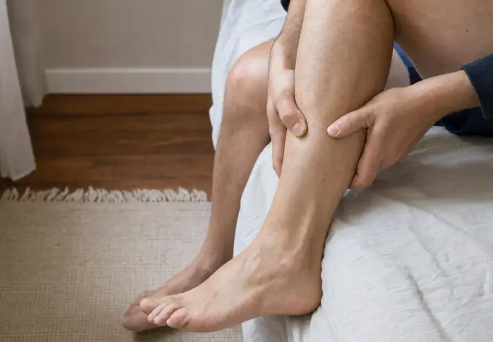 Uomo che si massaggia il polpaccio, forse per alleviare la sensazione di nervi accavallati.
