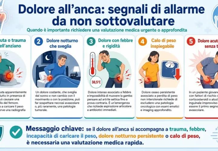Dolore all'anca: caduta, dolore notturno, febbre, calo di peso o dolore improvviso sono segnali da non sottovalutare.