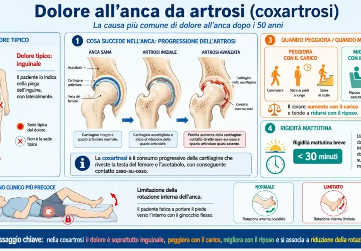 Dolore all'anca da artrosi: la **contusione anca** è tipicamente inguinale, peggiora con il carico e migliora col riposo.