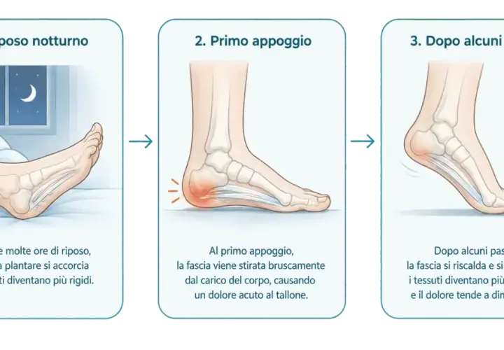 Il dolore al tallone peggiora al mattino, un classico della fascite plantare che non passa. L'immagine mostra come la fascia plantare si irrigidisce durante il riposo e si infiamma al primo passo.