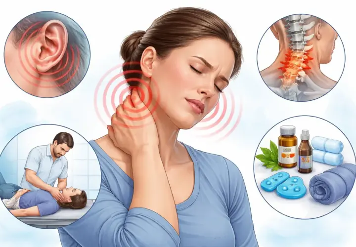 Dolore al collo e all'orecchio, possibili cause cervicale. Illustrazione di trattamenti e rimedi.