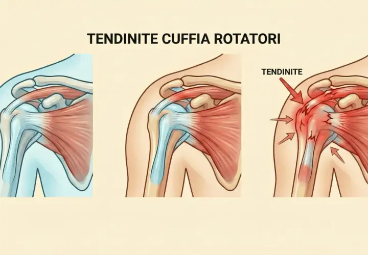 Illustrazione della cuffia dei rotatori: da sana a tendinite, con evidenziato un tendine sovraspinato rotto e infiammato.