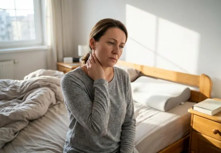 Donna seduta sul letto con mano sul collo, soffre di dolore al collo dopo aver dormito.