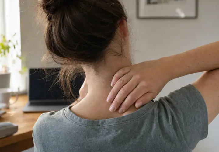 Donna con il collo che scricchiola, massaggiandosi la nuca mentre lavora al computer.