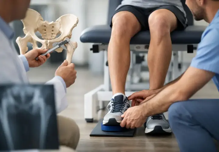 Valutazione medica per dismetria arti inferiori: un ortopedico mostra un modello del bacino, mentre un fisioterapista esamina le gambe di un paziente.