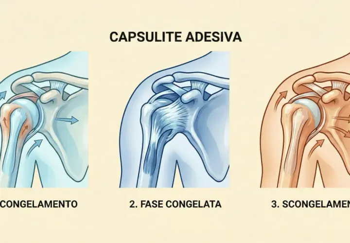Illustrazione delle tre fasi della capsulite adesiva: congelamento, fase congelata e scongelamento. I sintomi della spalla congelata peggiorano in queste fasi.