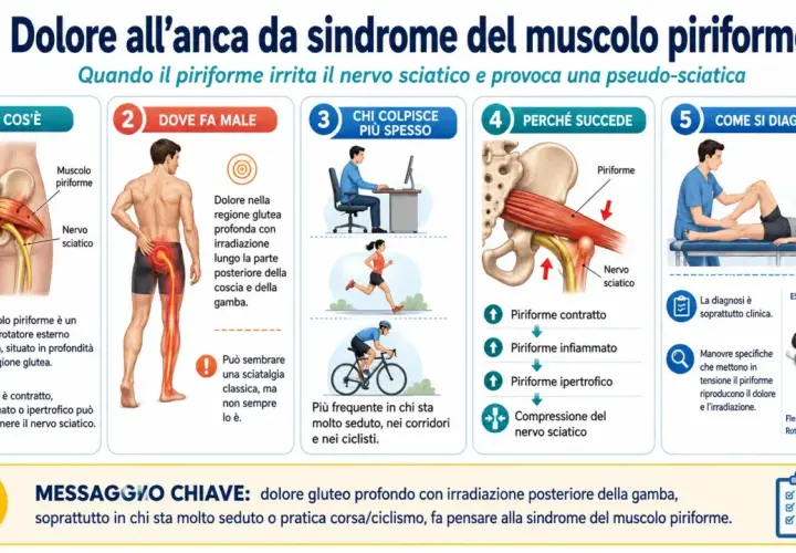 Illustrazione anatomica del muscolo piriforme e del nervo sciatico, con focus sulla flessione dell'anca e le cause del dolore.