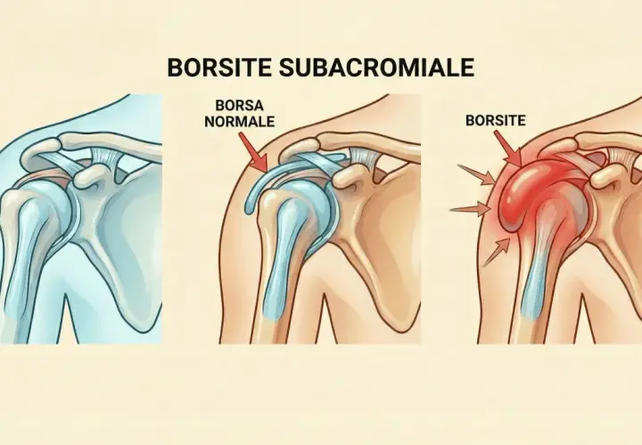 Illustrazione anatomica della spalla: spalla sana, spalla con borsa normale e spalla con borsite subacromiale, che causa dolore al tendine del bicipite.