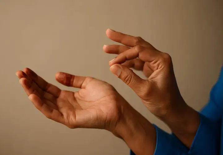 Mani con tatuaggio all'henné mostrano un gesto di dolore al polso e alla mano, come se cercassero sollievo.
