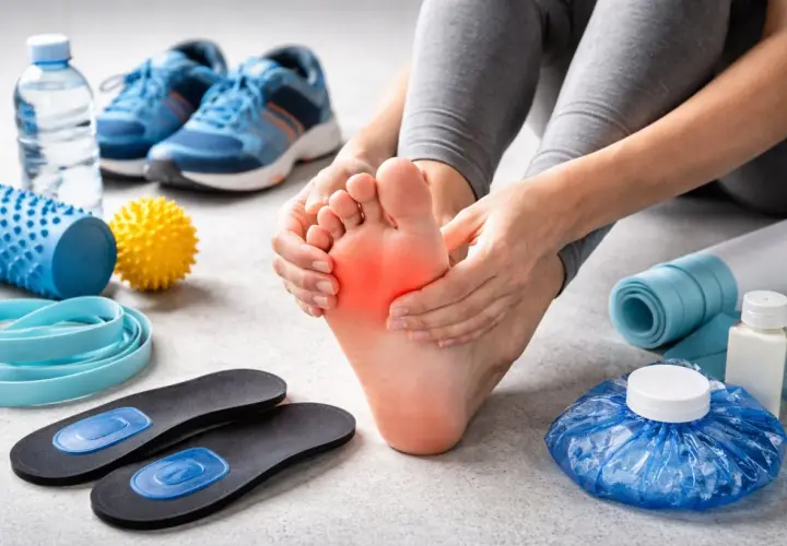 Piede con dolore alla tallonite, circondato da attrezzature sportive e rimedi veloci: palline massaggianti, fasce elastiche, solette e ghiaccio.
