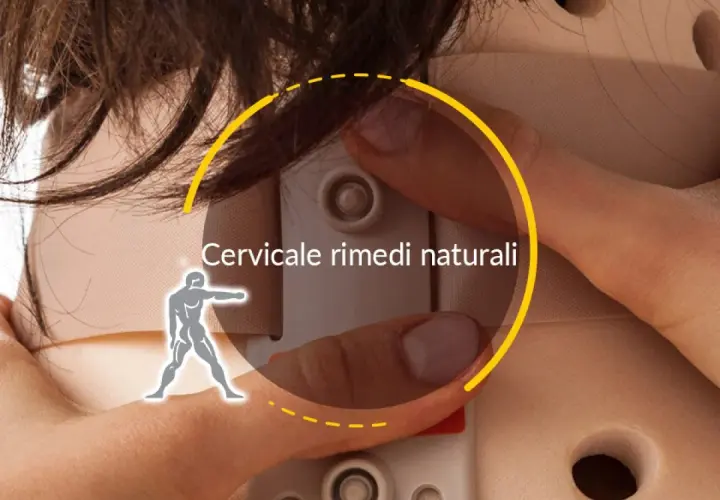 Un collare cervicale e un'icona stilizzata di una persona suggeriscono soluzioni per la cervicobrachialgia, rimedi naturali per il benessere.