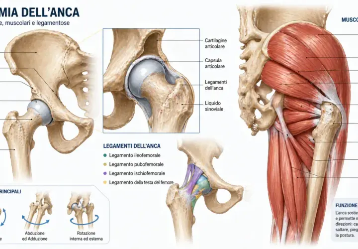 Anatomia dell'anca: ossa, legamenti e muscoli, inclusi i muscoli dell'anca come il grande gluteo e l'ileopsoas, essenziali per il movimento.