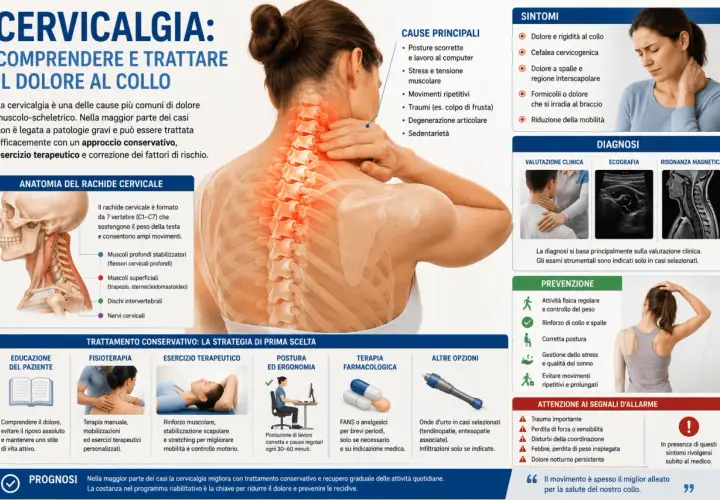 Dolori al collo cause: postura scorretta, stress, traumi. Immagine illustra anatomia, sintomi, diagnosi e trattamenti per la cervicalgia.