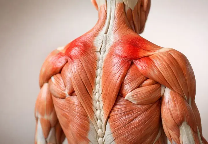 Dettaglio anatomico della schiena con muscoli evidenziati in rosso, indicando un possibile blocco alla schiena o infiammazione.