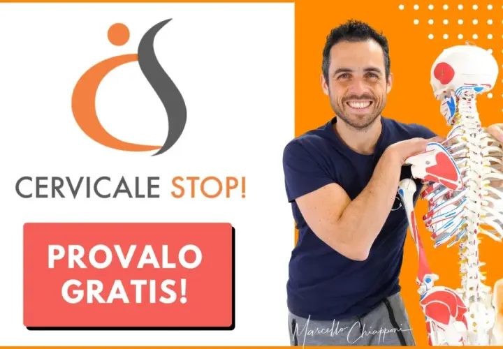 Uomo sorridente con scheletro anatomico, logo "Cervicale Stop!" e pulsante "Provalo Gratis!". Aiuta chi soffre di cervicale e gambe deboli.