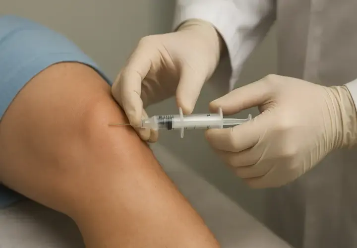 Mani guantate eseguono infiltrazioni al ginocchio con una siringa, un trattamento per alleviare il dolore.