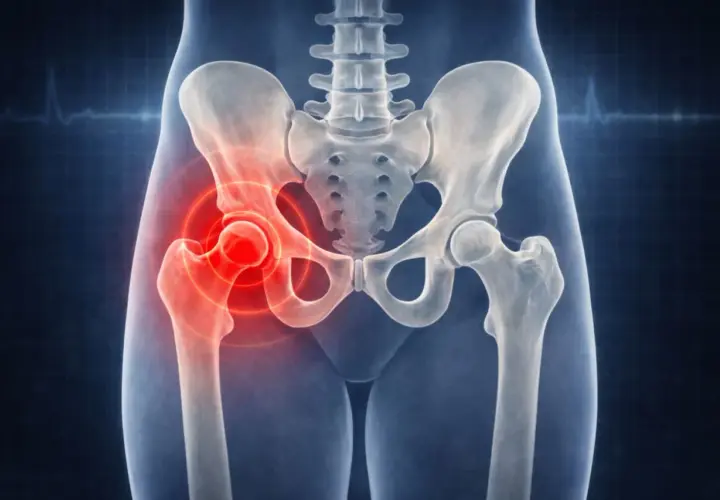 Illustrazione anatomica del bacino con evidenziata la **coxalgia cos'è**: dolore all'anca, indicato da un alone rosso.