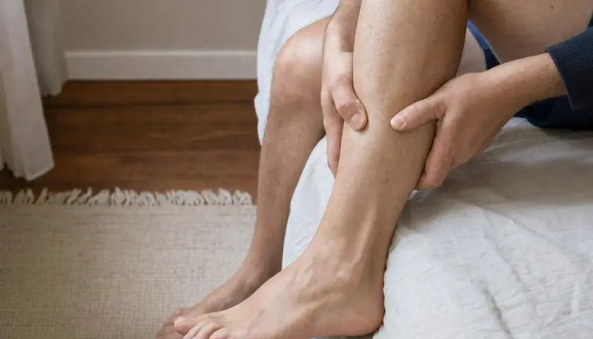 Uomo che si massaggia il polpaccio, forse per alleviare la sensazione di nervi accavallati.