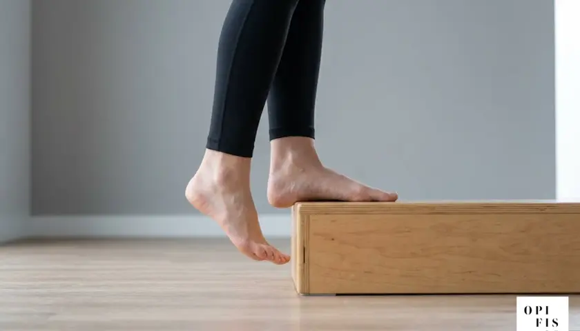 Esercizi per fascite plantare: piedi nudi su un rialzo di legno, tallone abbassato per allungare.