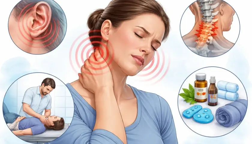 Dolore al collo e all'orecchio, possibili cause cervicale. Illustrazione di trattamenti e rimedi.