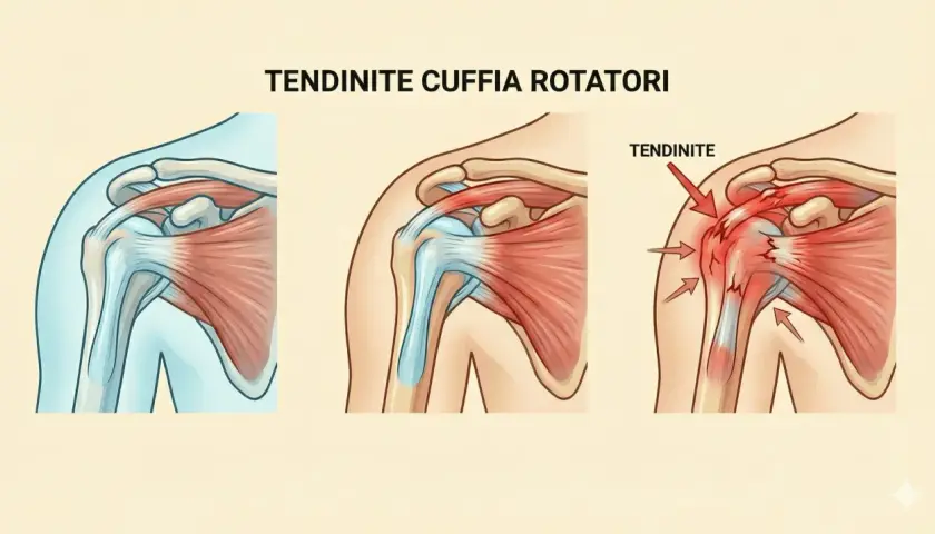 Illustrazione della cuffia dei rotatori: da sana a tendinite, con evidenziato un tendine sovraspinato rotto e infiammato.