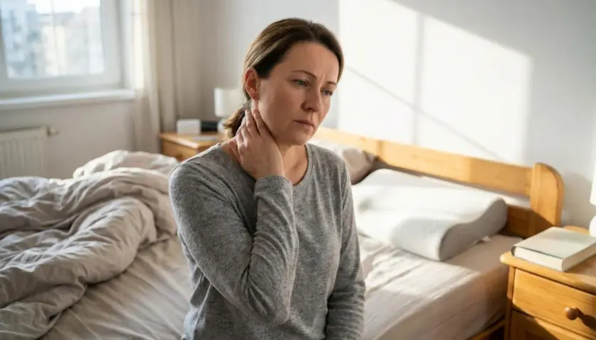 Donna seduta sul letto con mano sul collo, soffre di dolore al collo dopo aver dormito.