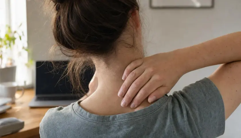 Donna con il collo che scricchiola, massaggiandosi la nuca mentre lavora al computer.